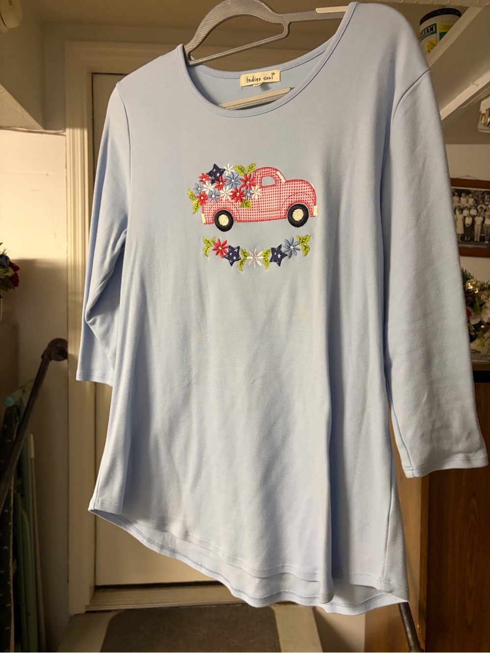 indigo soul Light Blue 3/4 Sleeve Tee with Pink Gingham Truck & Floral Applique